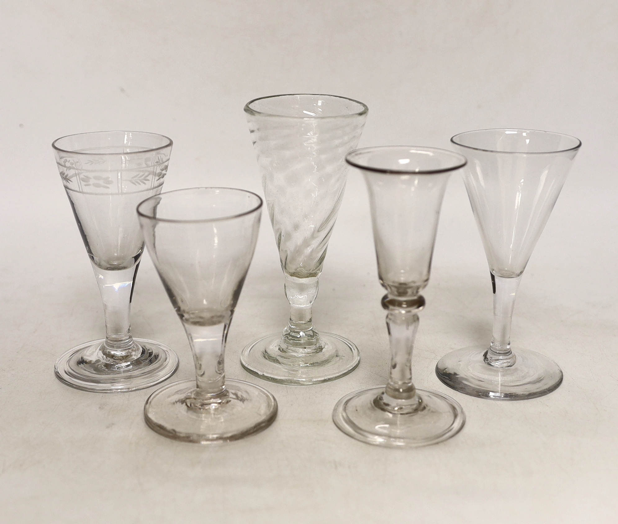 A wrythen ale glass and four others, late 18th and 19th century, tallest 13cm